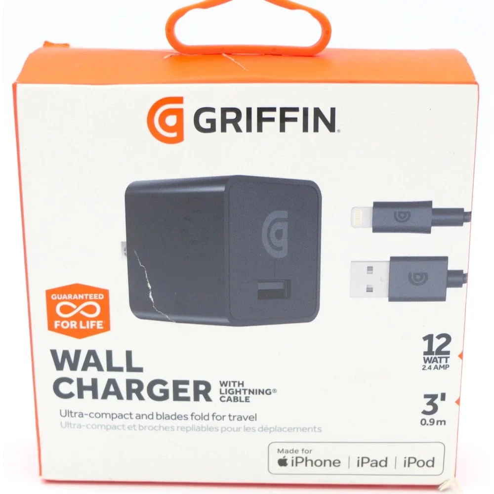 Griffin Compact Wall Charger w/ 3' Lightning Cable Black 12W 2.4A M-Fi Certified